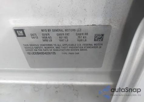 2013 Chevrolet Sonic Lt Auto из США, поврежденный, VIN 1G1JC6SH0D4206105